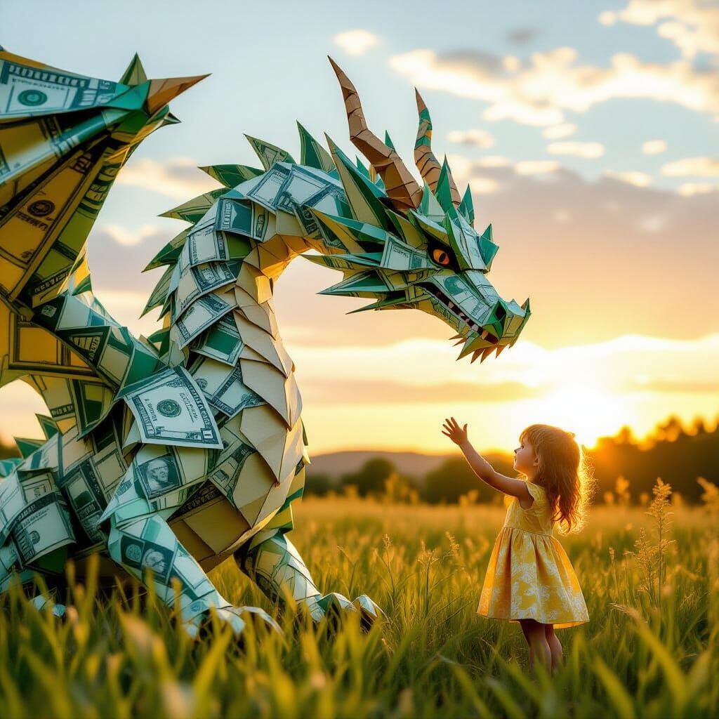 Origami Money Dragon with Girl at Sunrise