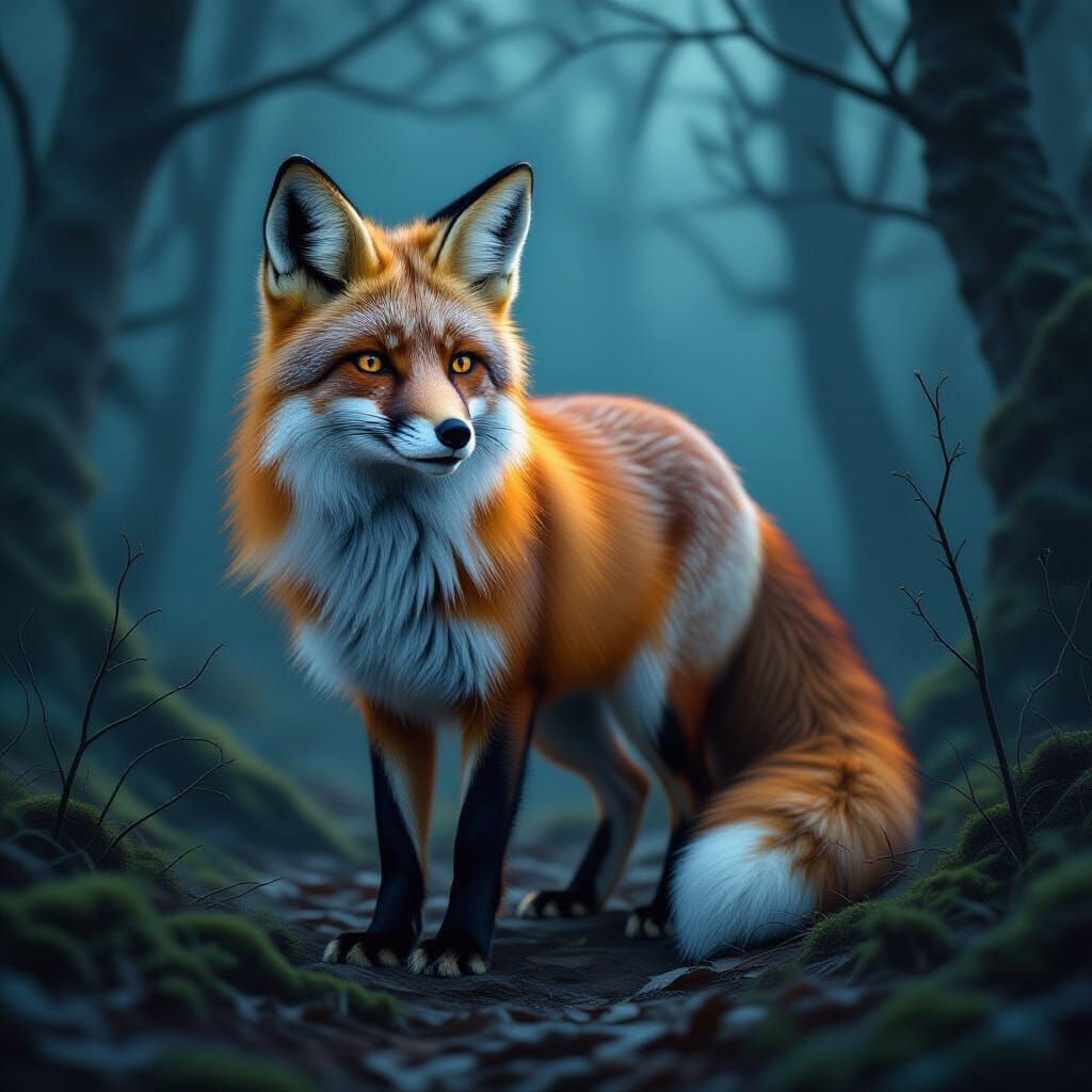 Alert Fox With Ocean Eyes in Eerie Wood