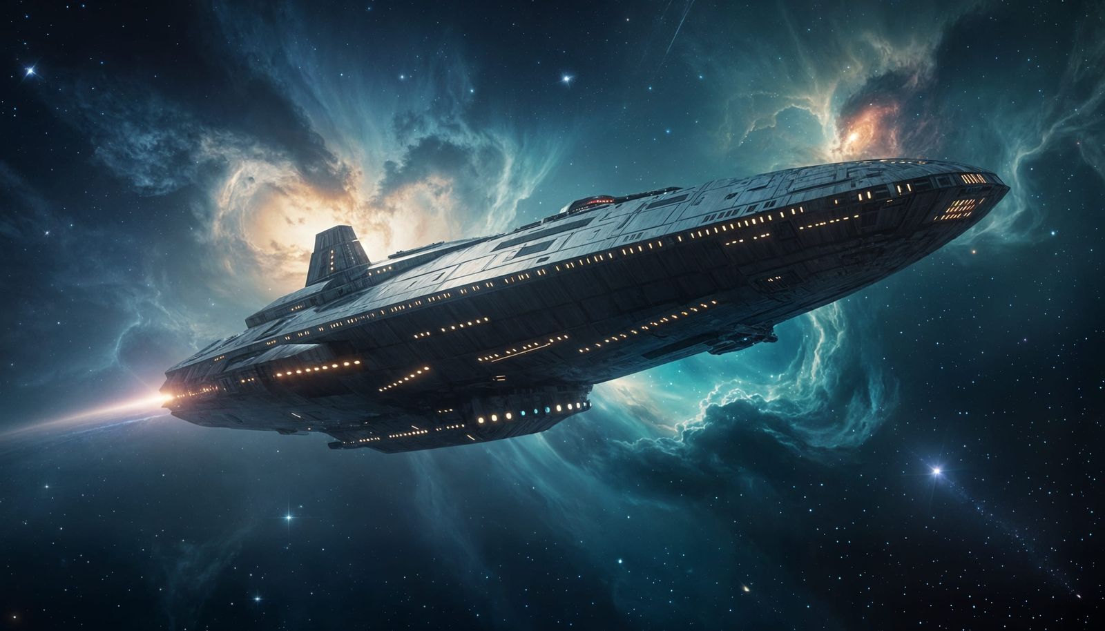 Colossal Spaceship Drifting Through Cosmic Space