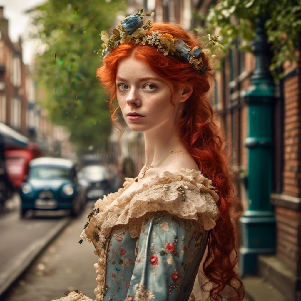 Victorian Lady with Red Hair in London Street