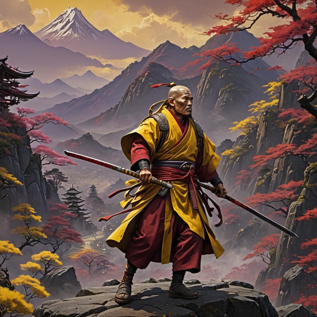 Japanese Warrior Monk with Naginata: Dark Fantasy Art
