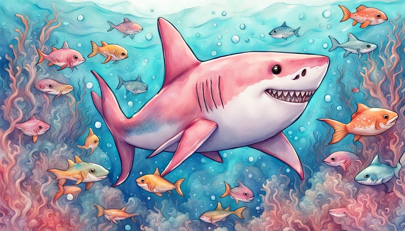 Cute Chibi Shark in Colorful Ocean Watercolor