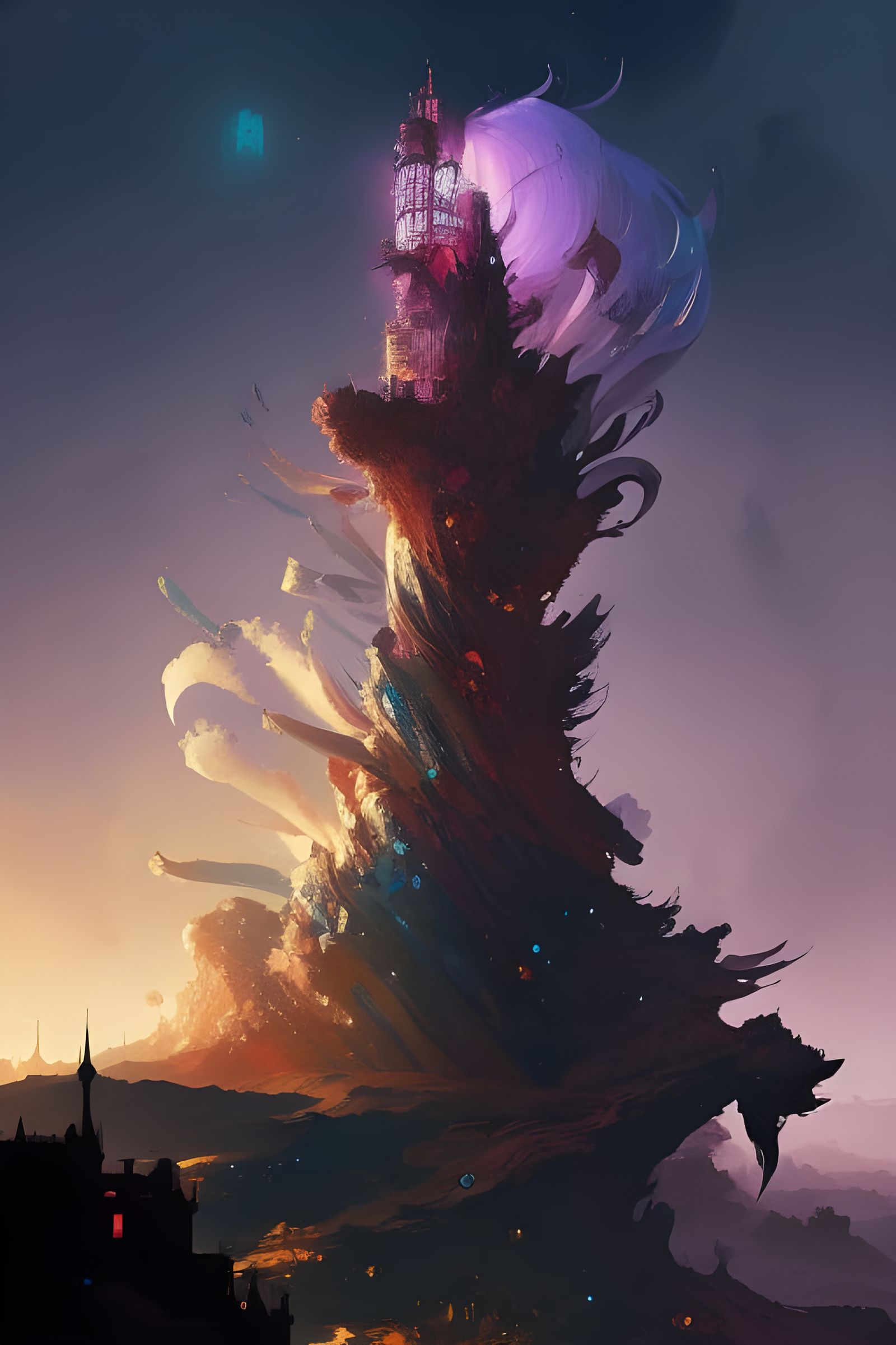 Cosmic Clocktower Time Eruption in Composite Art Style