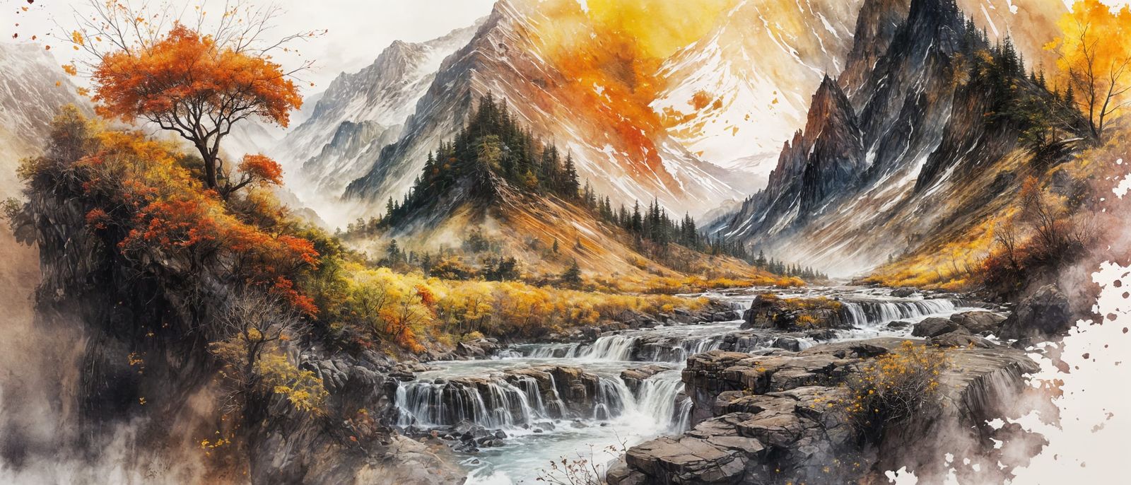 Watercolor Mountain Landscape with Waterfalls and Sunrise
