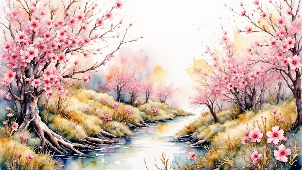 Blooming Spring Landscape in Watercolor Style