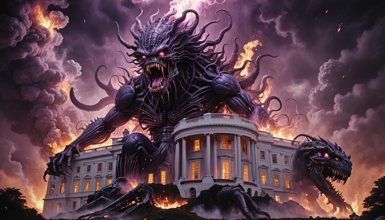 Space Monster Destroys White House in Surreal Style