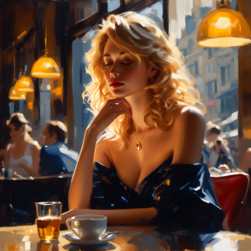 Sensual Oil Painting of Woman in Cosy Café