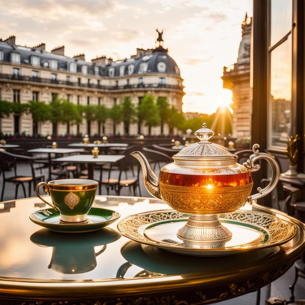 Parisian Cafe Interior with Crystal Tea Set at Sunset