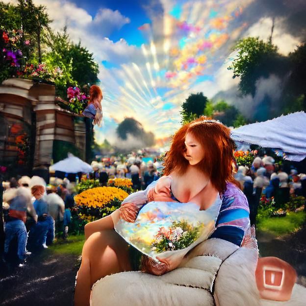 Red-Haired Figure at Bustling Outdoor Market