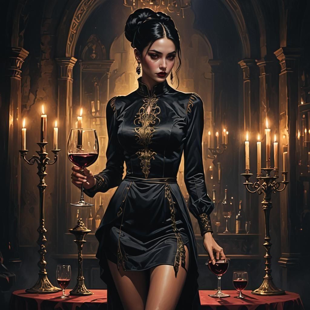 Nervous Woman with Wine: Detailed Matte Painting