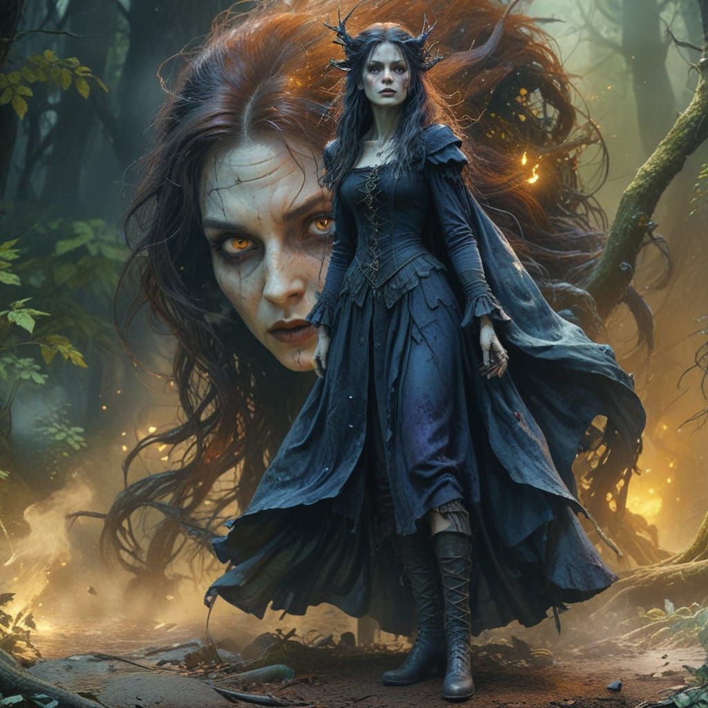 Evil Witch in Dark Forest Watercolor Masterpiece