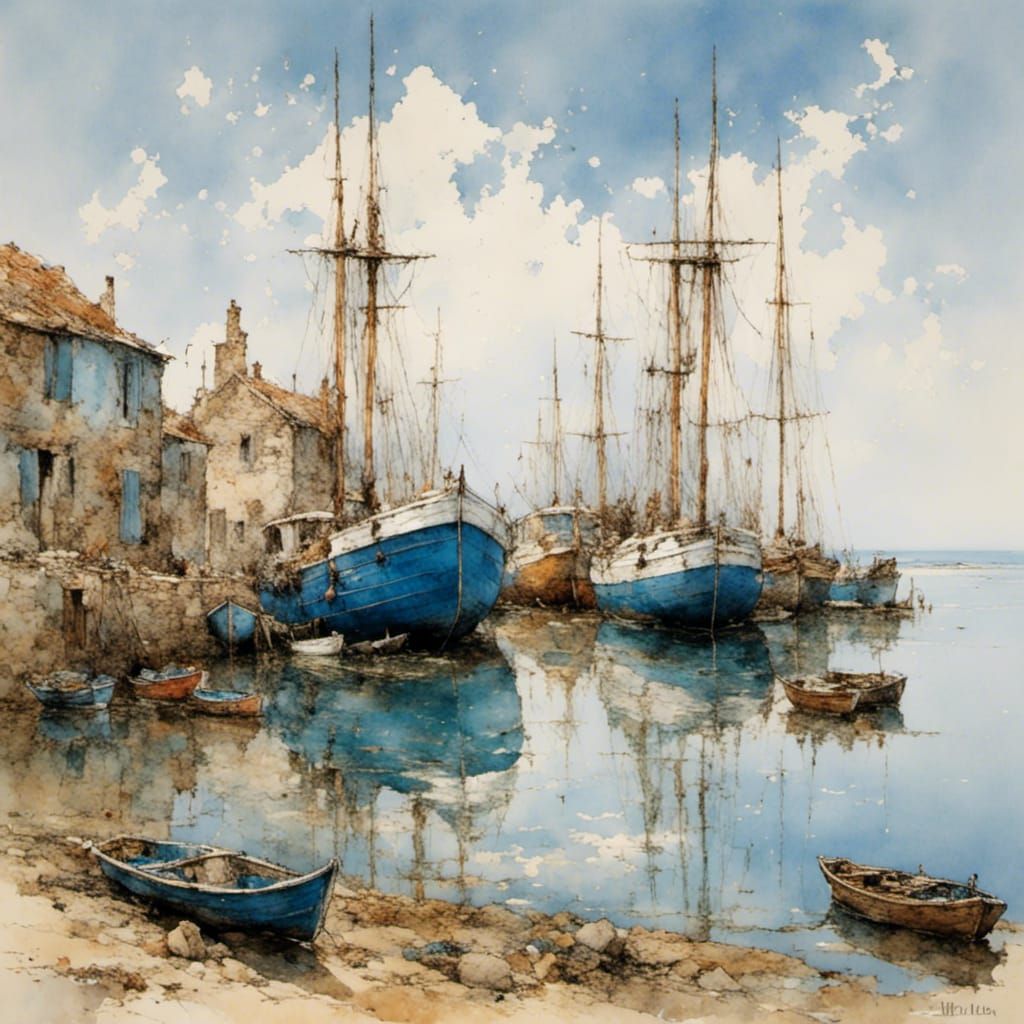 Impressionistic Coastal Scene with Blue Boats