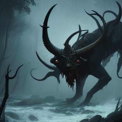 Lovecraftian Beast with Horns in Dark Fantasy Art