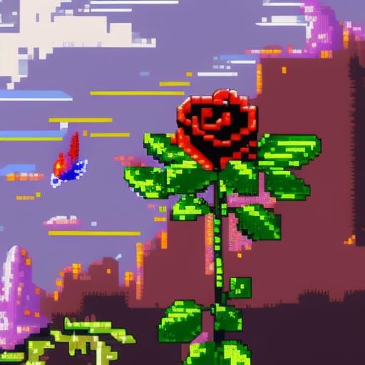 8-Bit Pixel Art Red Rosebud in Urban Landscape