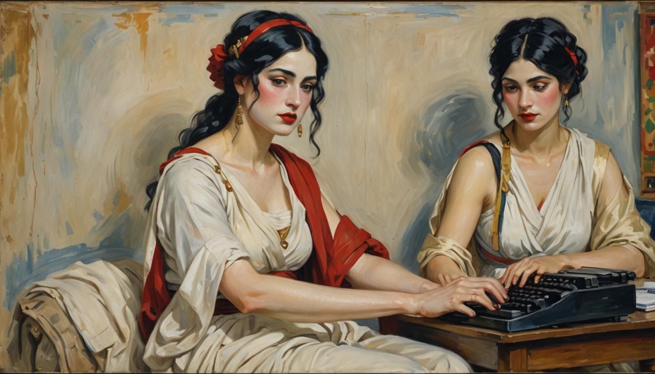 Roman Woman at Computer, Impressionist Painting