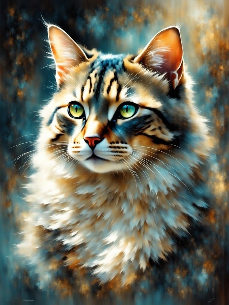 Whimsical Realism Painting of a Serene Cat with Shimmering S...