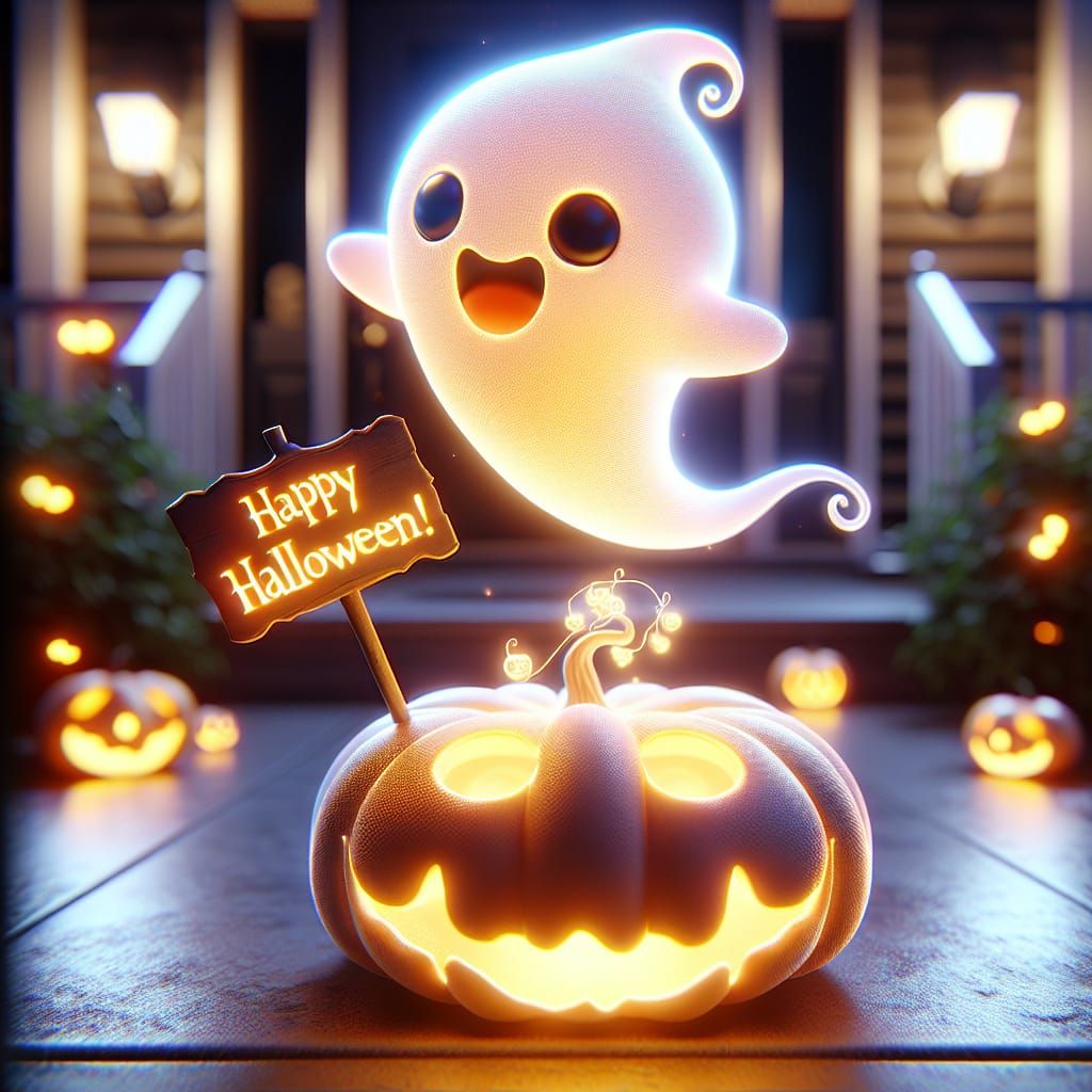 Playful Ghost Greets Halloween Night in Cartoon Fantasy
