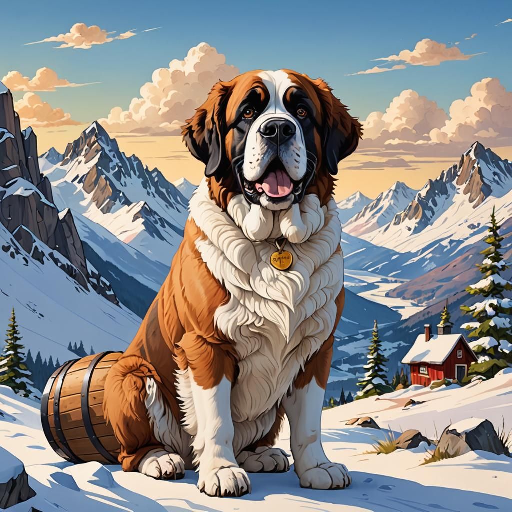Cartoon St. Bernard in Snowy Mountain Landscape