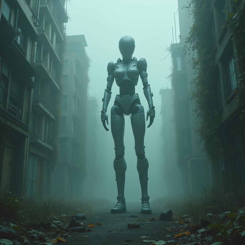 Futuristic Robot in Abandoned Cityscape