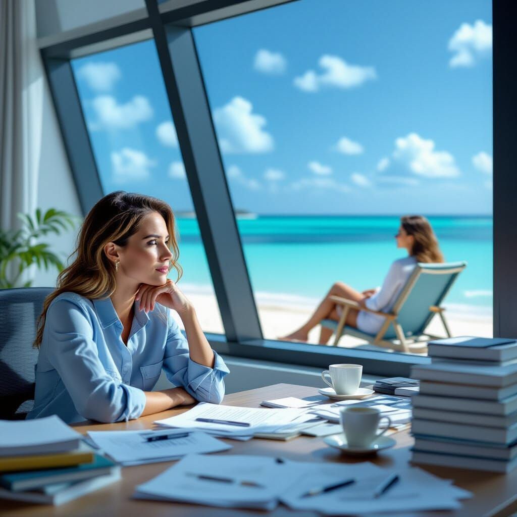 Gemini Woman's Duality: Office and Beach Reflection