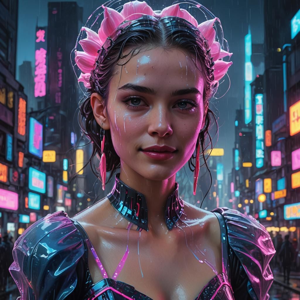Cyberpunk Tulip Princess in Neon Cityscape