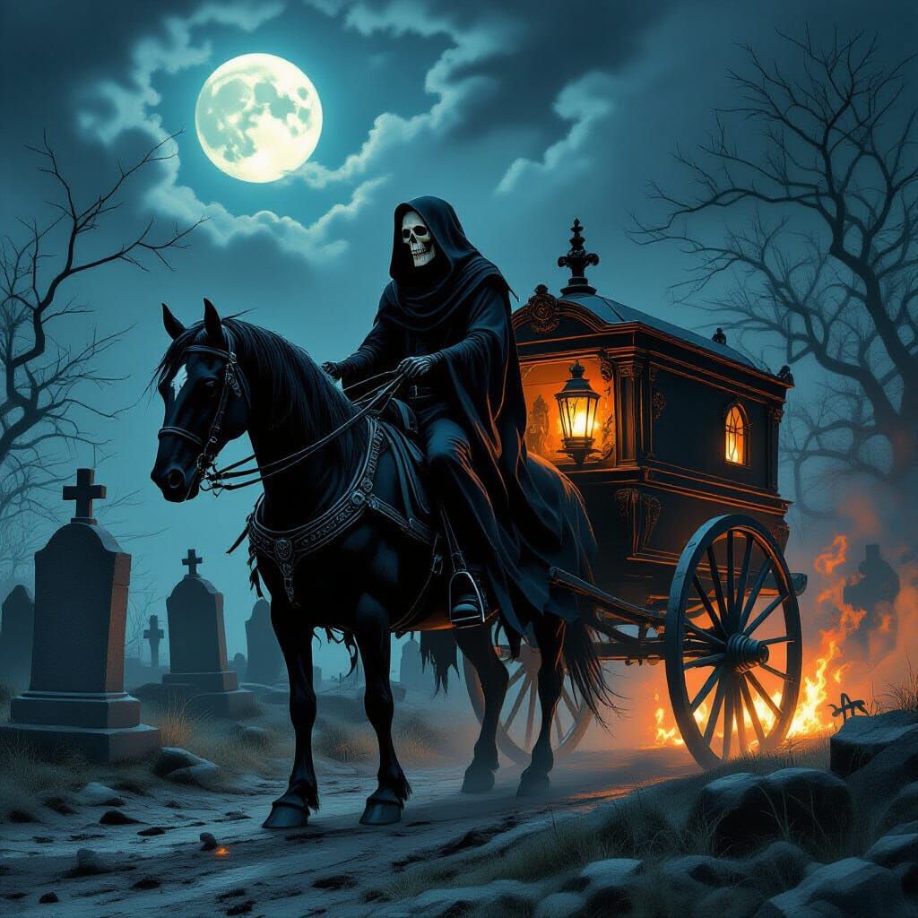 Grim Reaper Rides Hearse Through Moonlit Graveyard