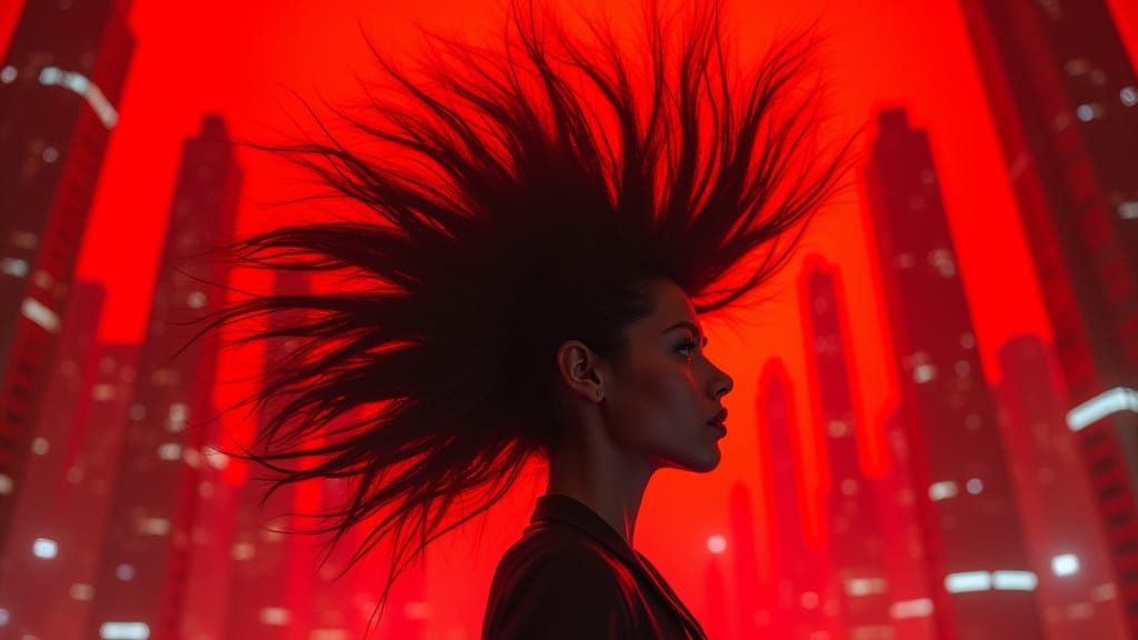 Woman Overwhelmed by Music in Futuristic Cityscape