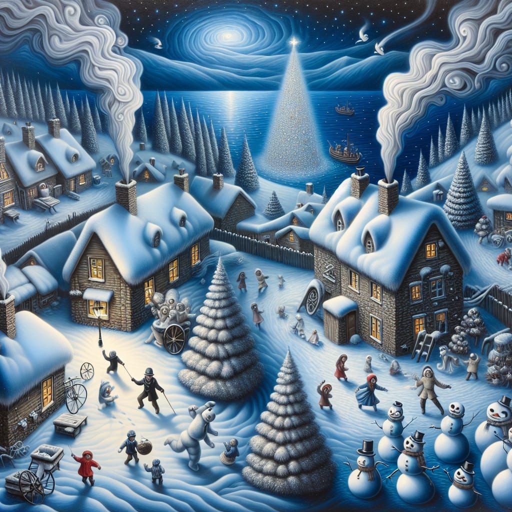 Enchanted Snowy Village in Surrealist Whimsy