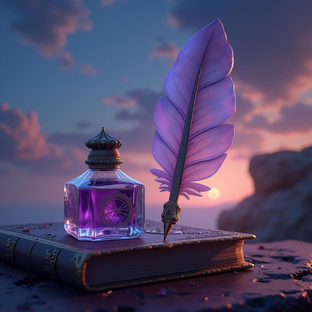 Mystical Quill and Ink Bottle in Matte Painting Style