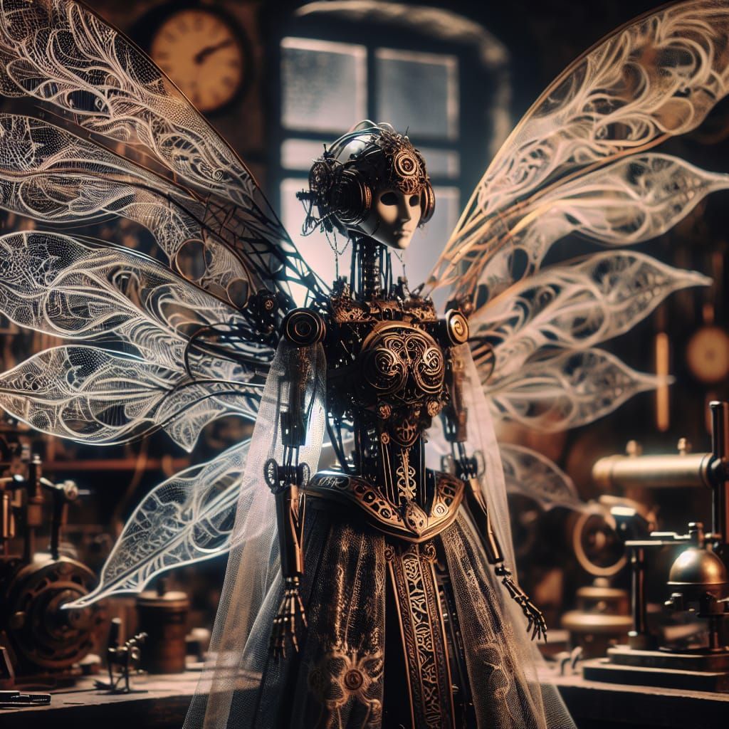 Steampunk Automaton Dark Angel with Holographic Wings