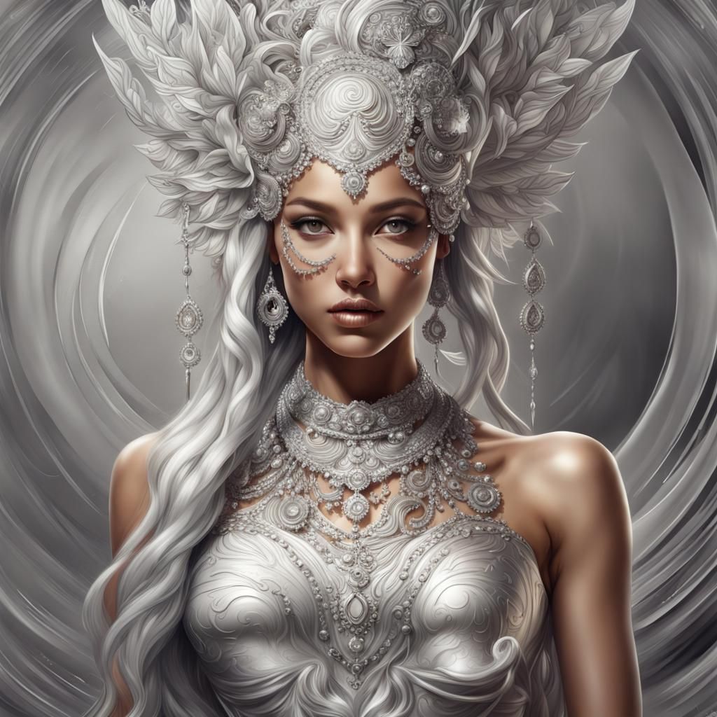 Elegant Silver Goddess in Detailed Digital Painting