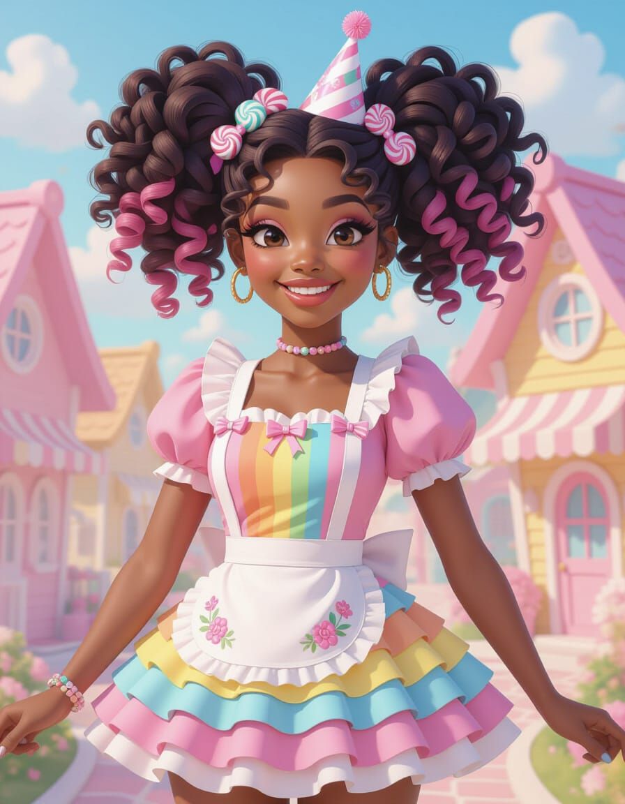 Joyful Black Woman in Whimsical Kawaii Candy Outfit
