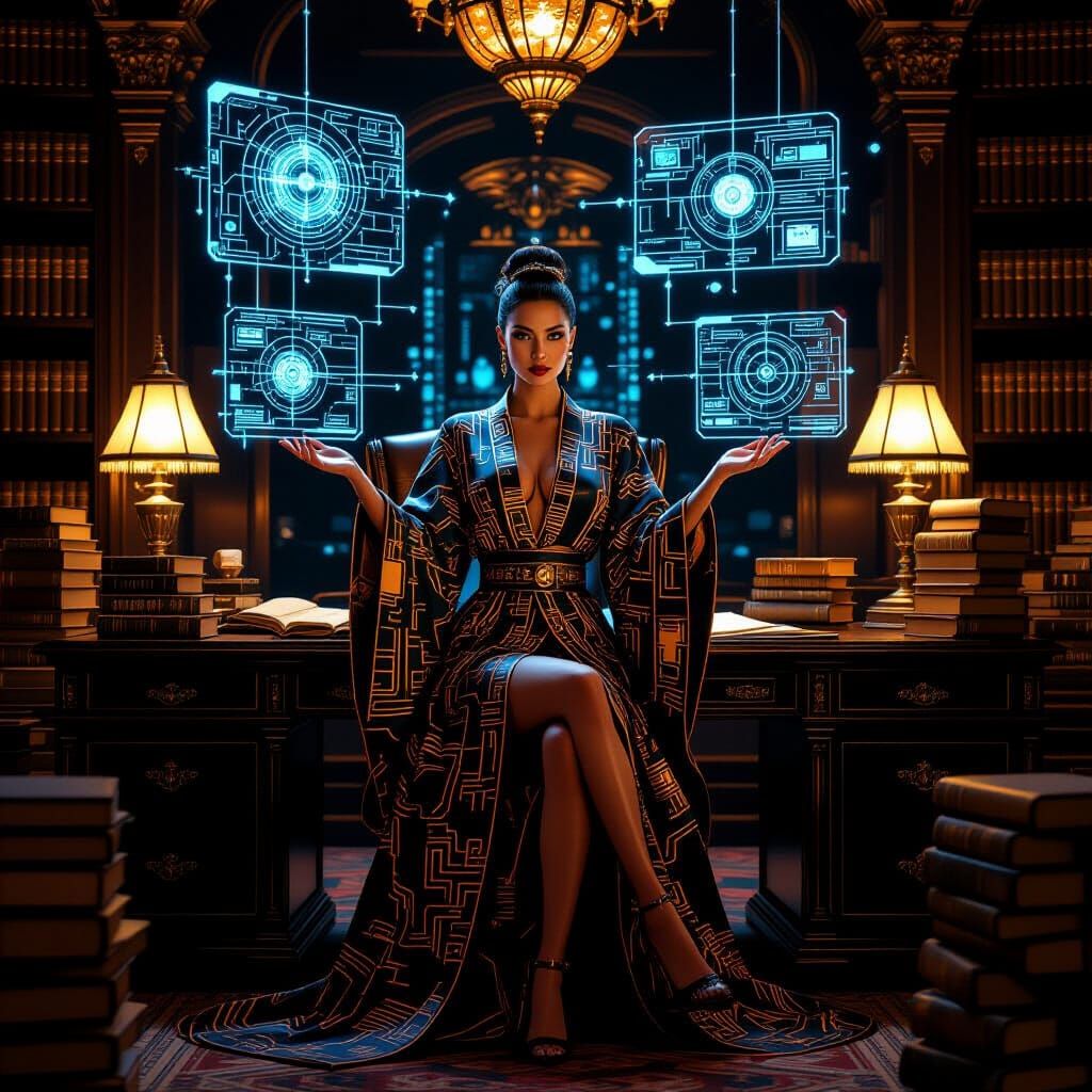 Cyberpunk Strategist Amidst Ancient and Future Tech