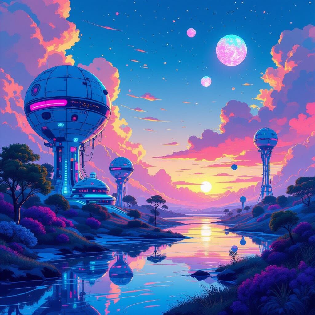 Dreamlike Scene with Vibrant Colors in a Whimsical Style