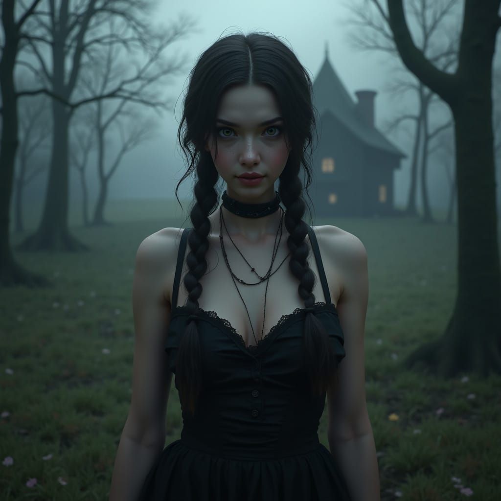 Ethereal Gothic Beauty in a Misty Valley