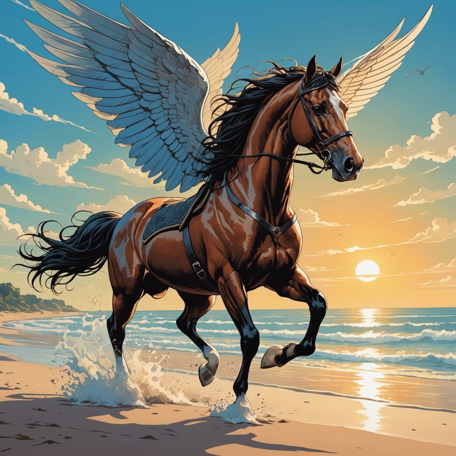 Winged Horse Galloping on Sunny Beach in Comic Art Style
