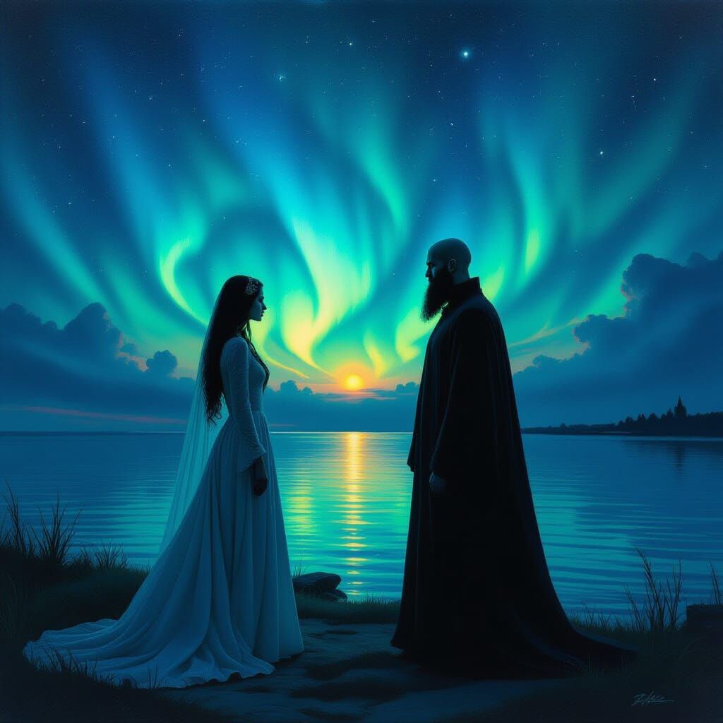Ethereal Woman and Shadow Man on Poveglia Under Aurora Sky