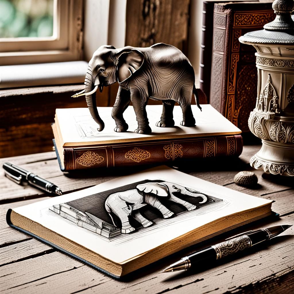 Detailed Pen and Ink Elephant Sketch in Studio