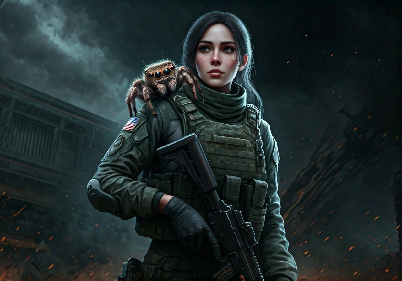 Warrior in Tactical Combat Uniform with Fuzzy Spider Compani...