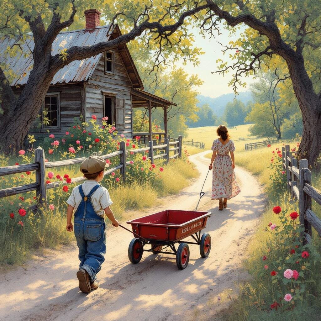 Boy Walks Home Past Rustic Homestead