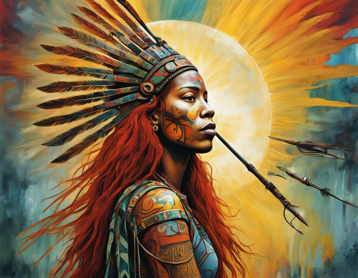 Ethereal Shamanic Woman with Bow and Arrows in Vibrant Stree...