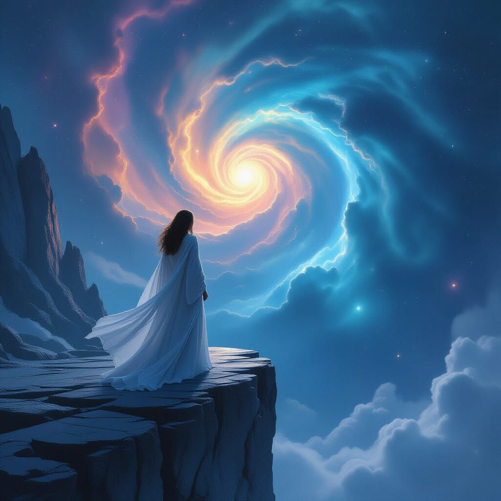 Celestial Woman Gazes into Cosmic Nebula