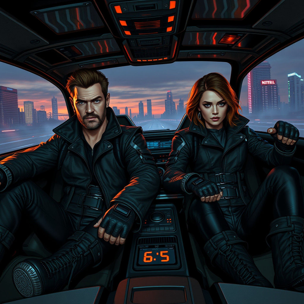 Futuristic Couple in Car, Dystopian Cityscape