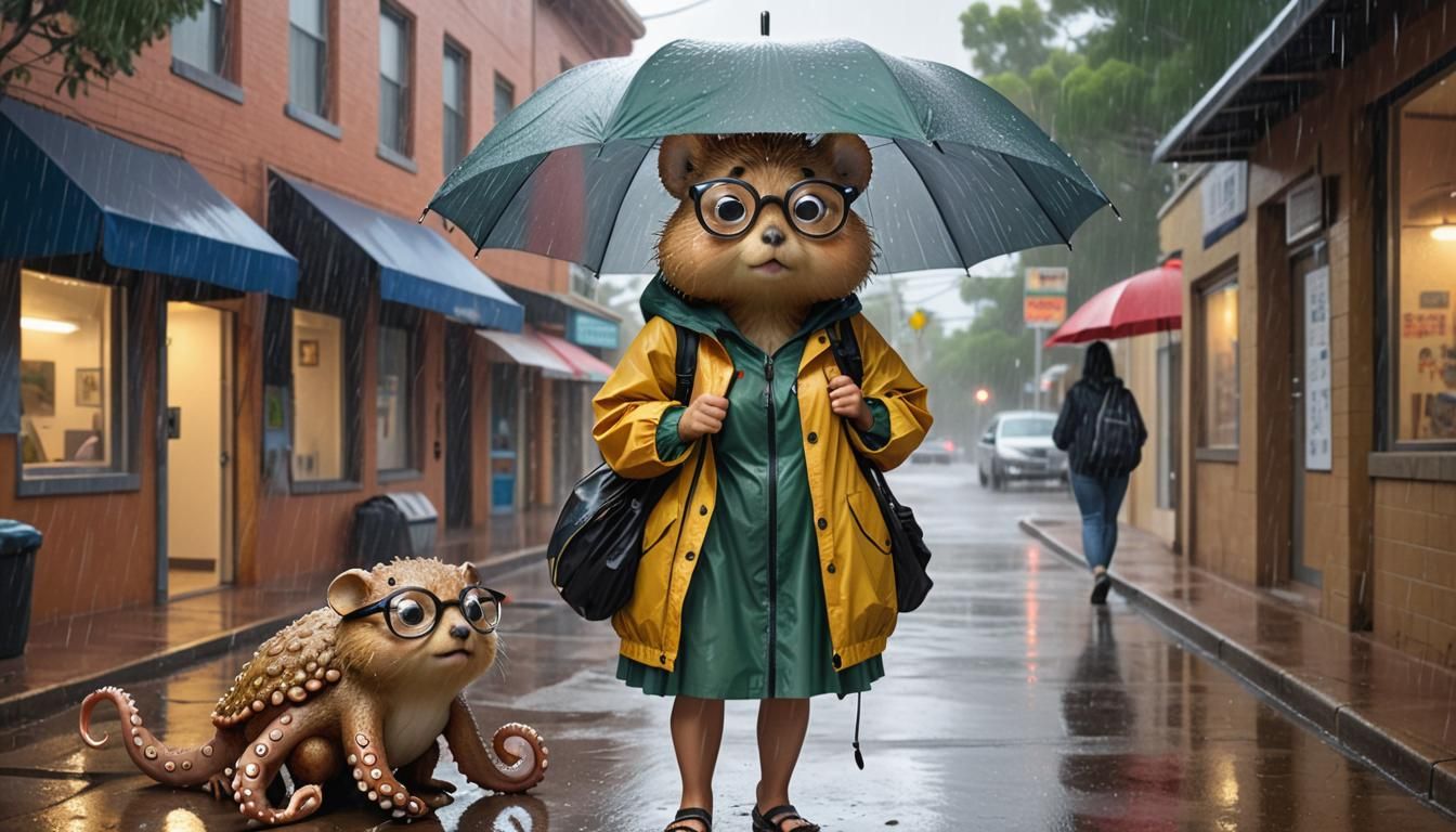 Woman with Octopus Umbrella and Quokka in Rain