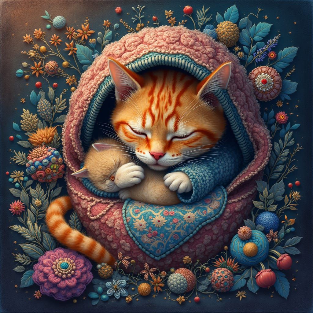 Sleeping Cat with Kitten in Abstract Digital Art