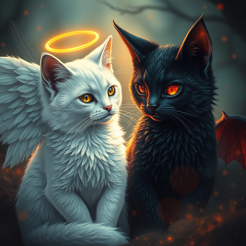 Angel Cat and Demon Cat Lovers in Mystical Realm