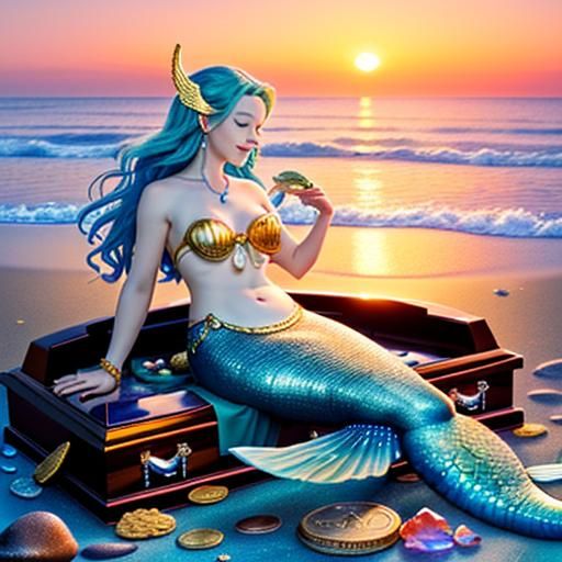 A mermaid playing on beautiful sunrise background.