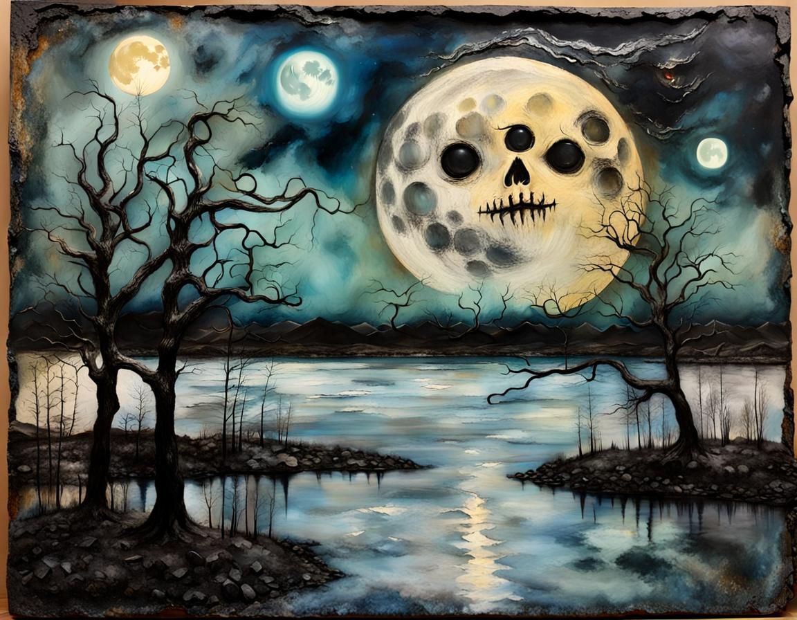 Diabolical Encaustic: Scary Night with Gigantic Moon