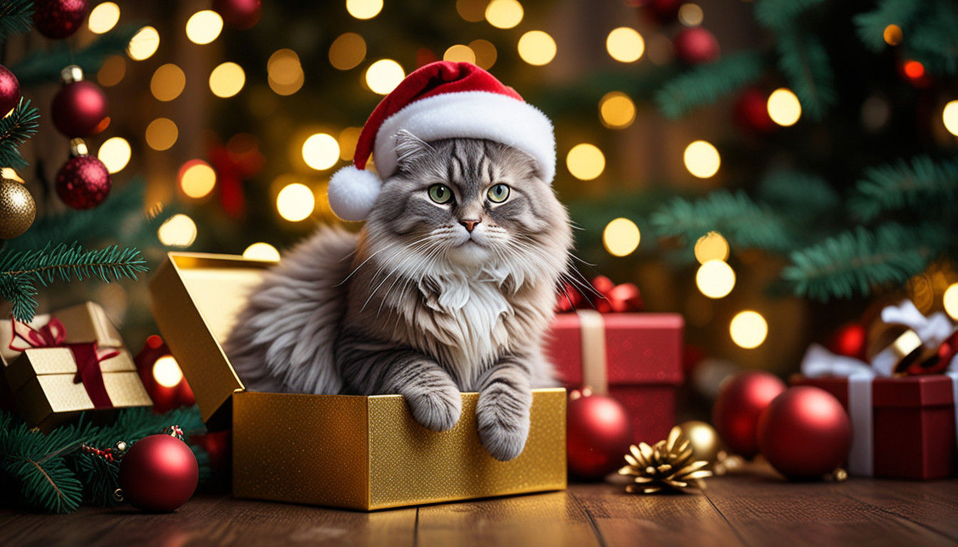 Surreal Christmas Wonderland with Grey Siberian Cat and Gold...