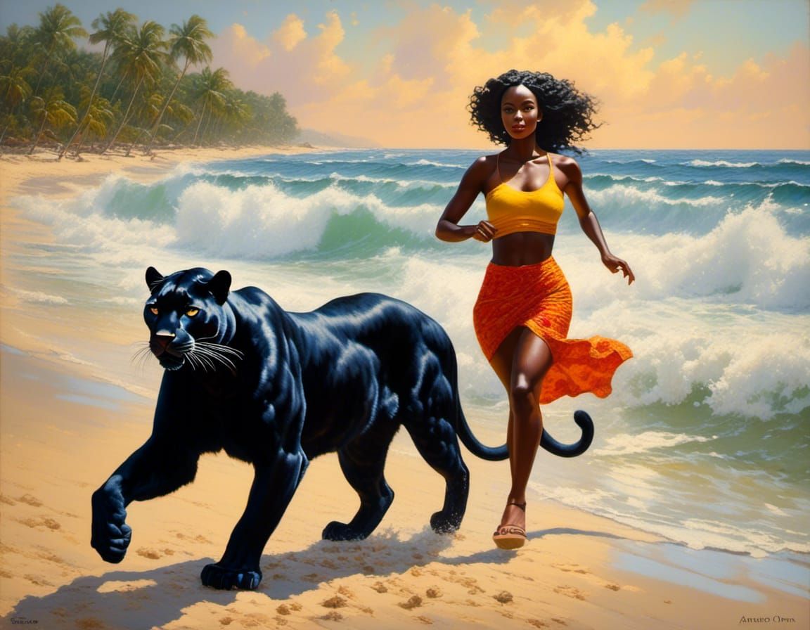Woman and Panther on Beach in Pastel Colors